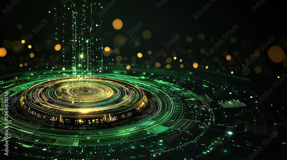 Poster futuristic green digital background with glowing circular patterns and data flow elements.