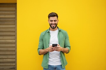 Happy young man in green shirt holding smartphone and smiling, standing in front of a yellow background, creative concept of lifestyle and technology. Ai generative