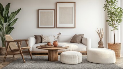 Serene living room featuring a white sofa, natural wood accents, and lush greenery. A calming, minimalist space