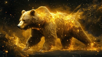 Obraz premium Fiery market trendlines radiating from a bear downtrend charging through space, copy space, focus on limitless possibilities, surreal, fusion, backdrop of outer space galaxies