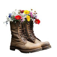 US soldier's boots with colorful flowers memorial day- isolated in the white background