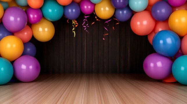 Colorful Balloon Decorations for Party Venue at Bowling Alley with Wooden Background