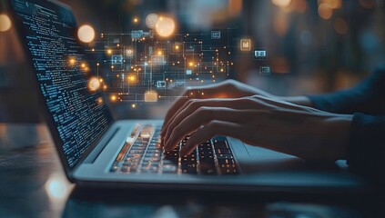 Close-up of hands typing on a laptop, showcasing coding and data visualization.  A modern digital workspace