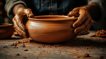 Potter’s Hands Shaping Clay Bowl in Rustic Workshop Setting.