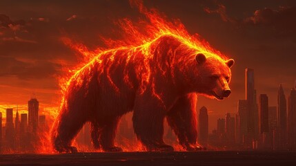 Fiery orange candlestick charts glowing upward around a holographic bear downtrend