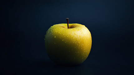 Close-up of a yellow apple with water droplets, centered against a dark background.