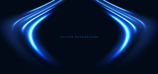 Blue neon curved rays glowing on dark blue background. Speed motion moving concept.