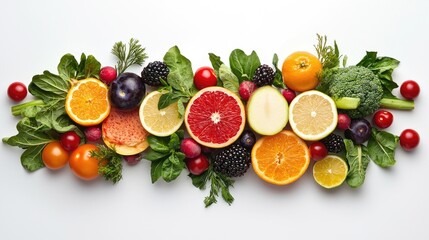 Healthy eating concept, fresh fruit and vegetables arranged symmetrically.