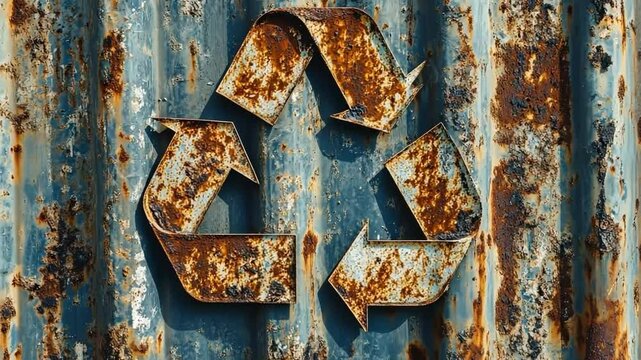 Close-up of a recycling symbol etched into a metal container, rust and scratches adding texture to the surface.