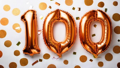 Orange balloon number 100 for hundredth birthday or anniversary party. White background with confetti