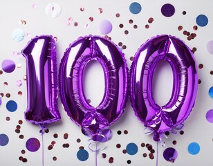 Purple balloon number 100 for hundredth birthday or anniversary party. White background with confetti