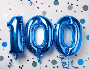 Blue balloon number 100 for hundredth birthday or anniversary party. White background with confetti