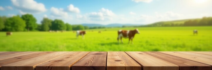 Empty wooden tabletop, bokeh effect, idyllic cow pasture backdrop , idyllic, farm