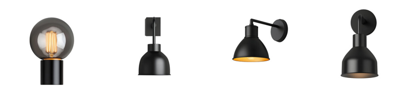A diverse collection of contemporary black lighting fixtures including wall lamps pendant lights and sconces designed for a modern minimalist interior aesthetic