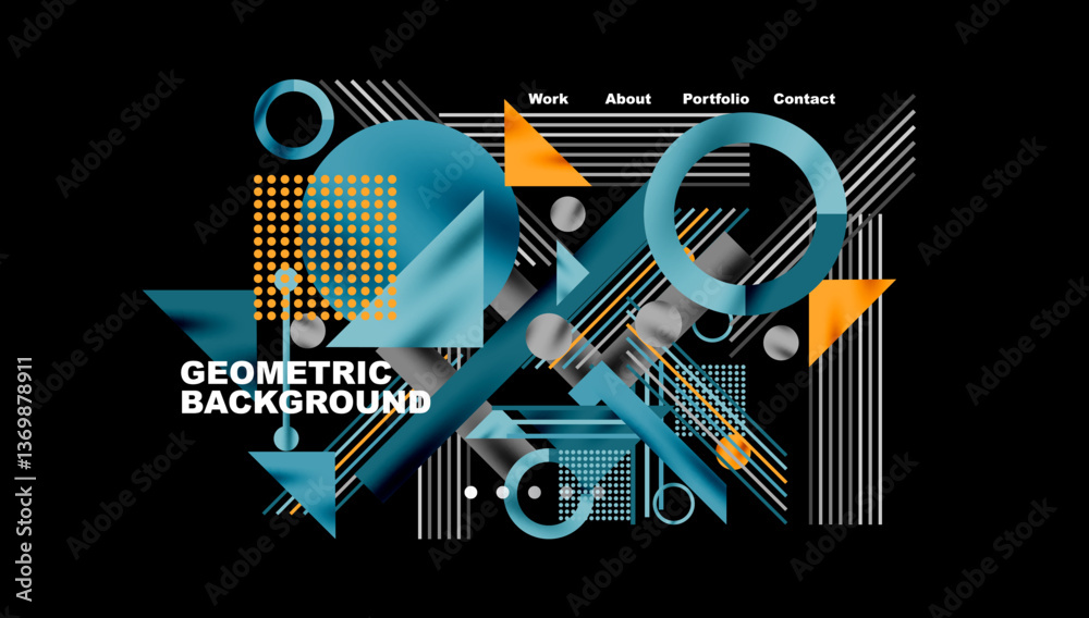 Poster Geometric Abstract Background with Bold Shapes and Contrasting Colors. Circles, triangles, squares and lines with shadow effect