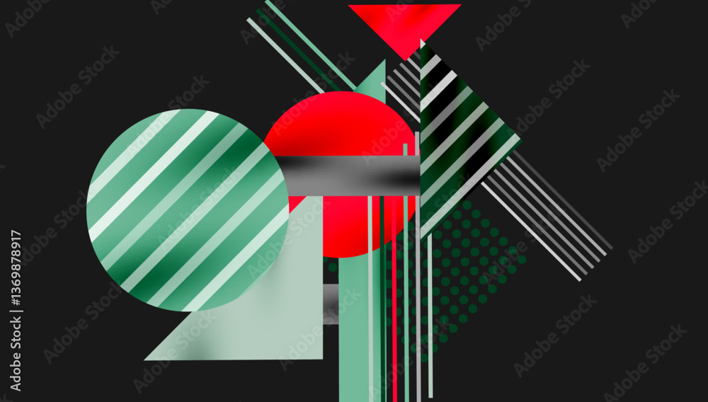 Fototapete Geometric Abstract Background with Bold Shapes and Contrasting Colors. Circles, triangles, squares and lines with shadow effect