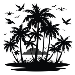 palm trees and birds in black and white vector