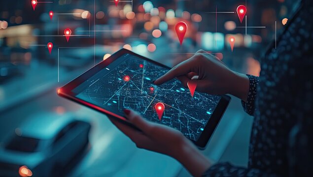 Digital map navigation on tablet.  Hands use a tablet to view a digital map with location markers in a city setting
