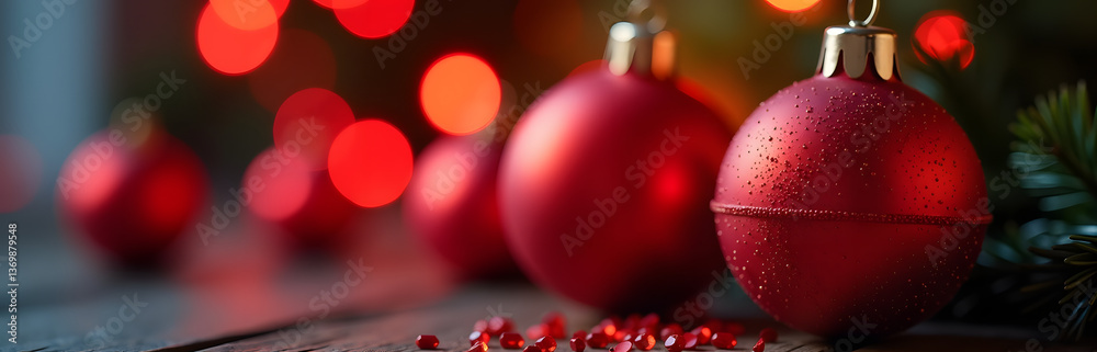 Poster Red Lights With Christmas Balls Blur In The Background, Creating A Festive Yet Soft And Slightly Out Of Focus Atmosphere.