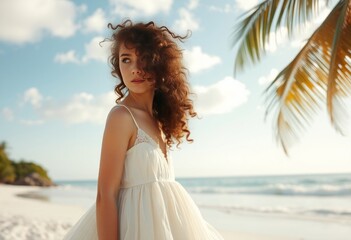 Island Breeze A girl with curly brown hair and a flowy white dre
