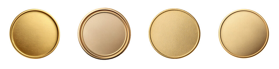 A collection of four golden shiny round coins or medals with a classic elegant design against a plain white background symbolizing wealth success or prestigious achievement