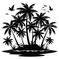 A black and white illustration featuring a tropical island scene with palm trees and birds