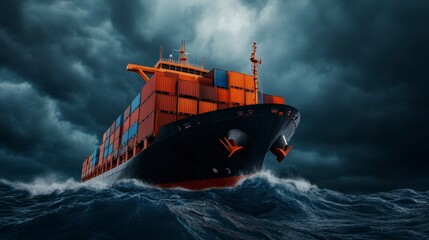 Freight Ship Navigating Through Stormy Waters With Dramatic Clouds and Turbulent Waves
