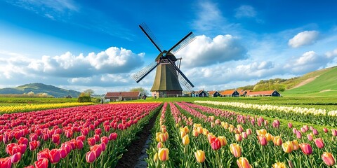 Windmill Amid Tulips and Green Fields Under Sunny Sky