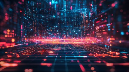 Fototapeta premium Futuristic Digital Landscape with Glowing Neon Grid and Patterns