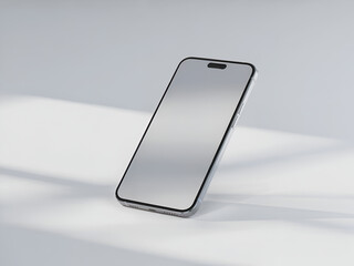 A modern smartphone mockup with a silver frame, resting at an angle on a white surface with sunlight. The screen is blank.