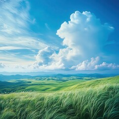 Obraz premium Lush green hills under a vibrant blue sky