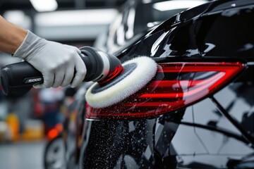 Gloved hand polishing a shiny car taillight using electric buffer, photorealistic style, in a workshop background. Concept of auto detailing. Ai generative