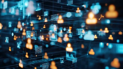 A captivating digital network visualization showcasing interconnected user icons, represented in glowing orange and blue tones, symbolizing communication, technology, and the modern digital landscape.