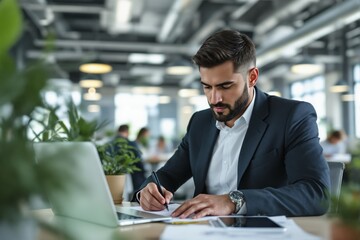 Fototapeta premium Businessman in suit writing notes at desk with laptop, surrounded by plants in a modern office background, concept of work and productivity. Ai generative