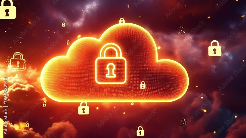 Poster orange cloud computing security concept with glowing padlocks hanging from a large cloud, representi