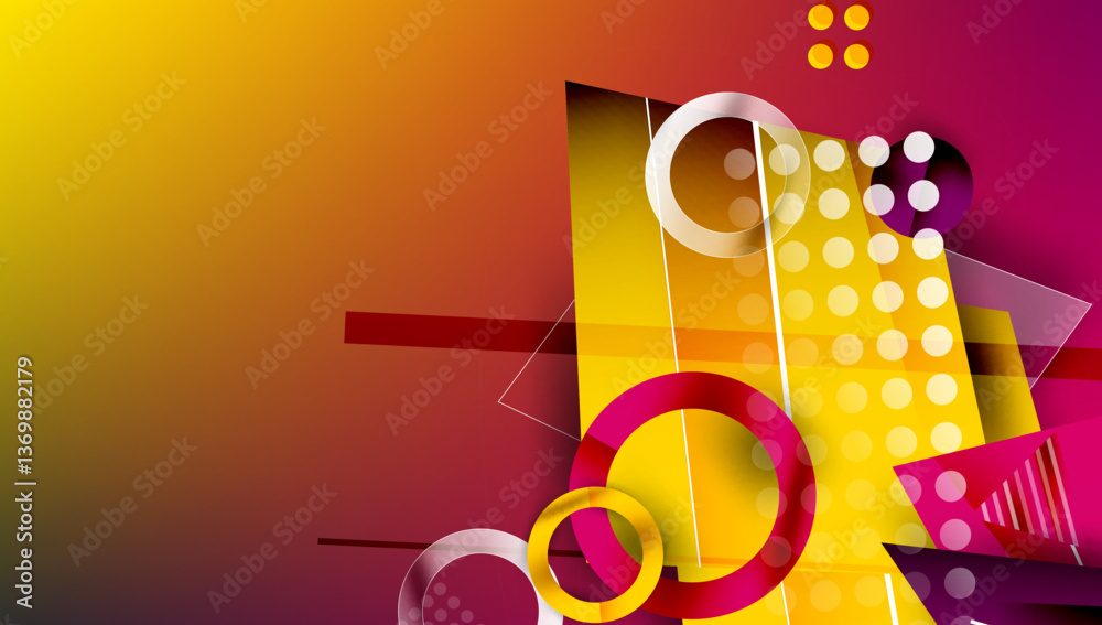 Poster Abstract background - overlapping circles, rectangles, and triangles with vibrant gradients. Semi-transparent shapes create depth and balance