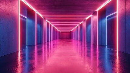 Neon Lights Corridor with Reflections in Dark Abstract Space