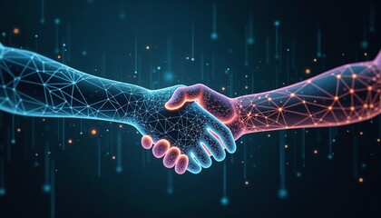 Digital handshake concept in a futuristic setting representing collaboration and connection