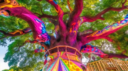 Fototapeta premium Vibrant Painted Tree with Colorful Playground Structure