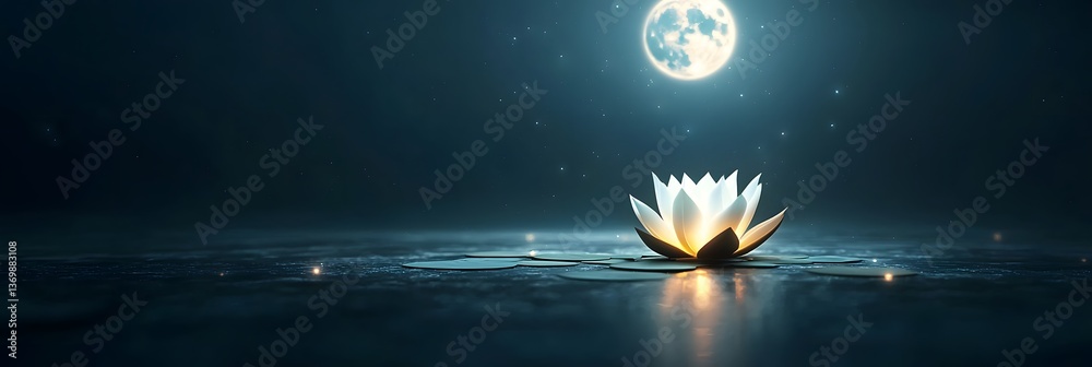 Aufkleber a celestial landscape of a tranquil lotus pond reflecting the soft light of a full moon creating a s