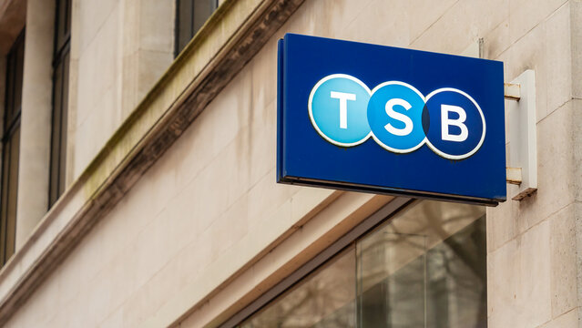 TSB bank sign mounted on stone building exterior, 12 February 2025, Birmingham, United Kingdom