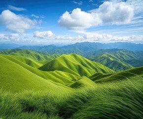 Obraz premium Lush green hills under a bright blue sky
