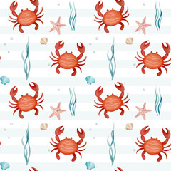 Seamless pattern with watercolor crab. Hand drawn marine animals pattern. Underwater characters.