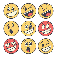 A cheerful set of cartoon smiley faces with different expressions like happy, sad, and angry, featuring yellow ball-shaped emoticons and fun, colorful illustrations