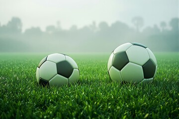 Obraz premium Two soccer balls on grassy field, creative graphic style, misty background of trees and sky, concept of sports training and size comparison. Ai generative
