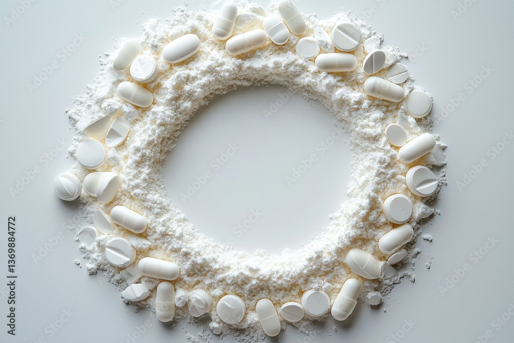 Aufkleber White powder and tablets arranged in a circular pattern on a neutral background in a clean, minimalist setting