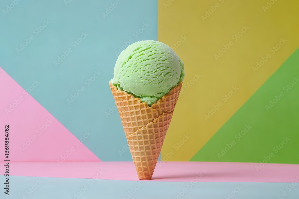 Aufkleber green mint ice cream in a waffle cone against a colorful geometric background