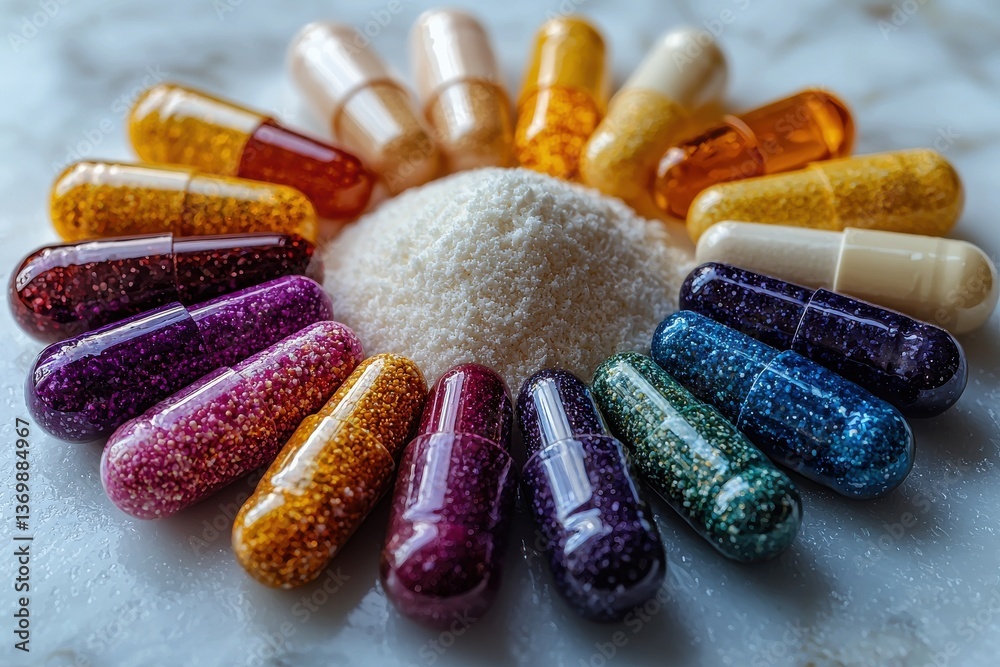 Poster colorful capsules arranged in a circular pattern around a mound of white powder on a marble surface