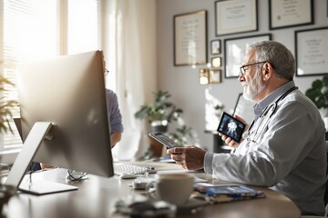 Elderly male doctor using tablet during consultation, modern office with certificates and plants, warm sunlit background, concept of telemedicine. Ai generative