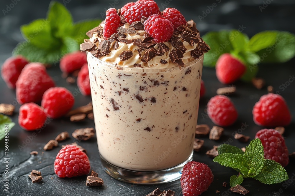 Poster smooth and creamy dessert topped with fresh raspberries and chocolate shavings on a dark stone backg